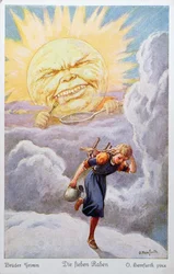 Das Mädchen auf ihrer Reise, um ihre Brüder zu retten, flieht vor der extremen Hitze der Sonne, die droht, sie zu kochen und zu essen, Illustration aus Die sieben Raben von den Brüdern Grimm